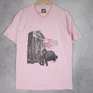 Vintage Elvis Presley Shirt Mens Large Pink Car Graphic Screen Stars Best USA